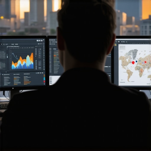 Analyzing Local SEO Data for Detroit Person reviewing SEO analytics and maps on screens with Detroit skyline in background