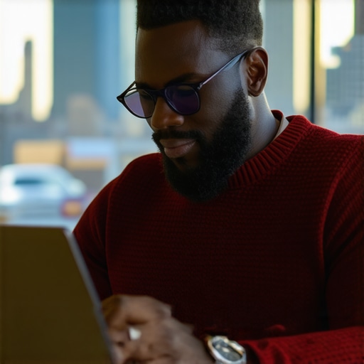 Business owner updating Google My Business profile on laptop with Detroit skyline