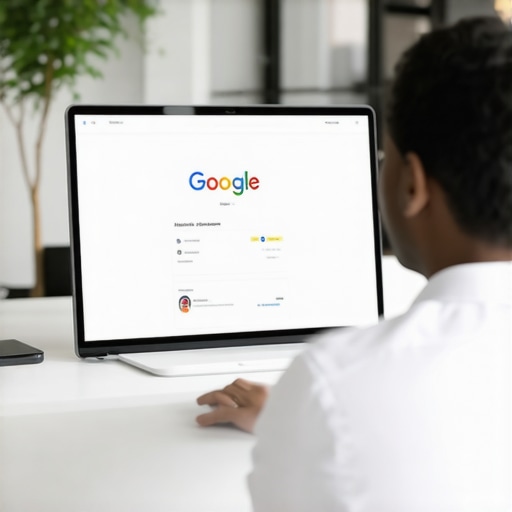 Business owner updating Google My Business profile on a laptop in an office.