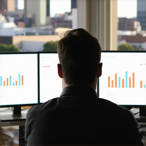 A marketer reviewing charts and maps on dual monitors with Detroit skyline visible.