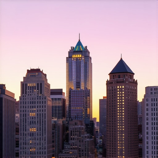 Beautiful view of downtown Detroit at sunset, city skyline and buildings