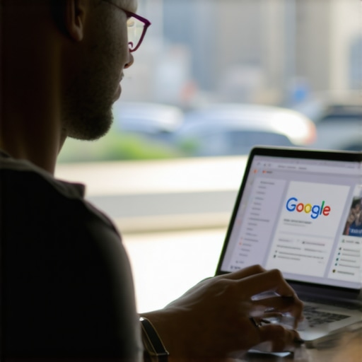 Optimizing Google Business Profile in Detroit Small business owner updating Google Business Profile on laptop with Detroit cityscape.