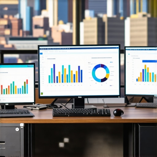 A person analyzing SEO metrics on multiple screens with Detroit skyline in the background