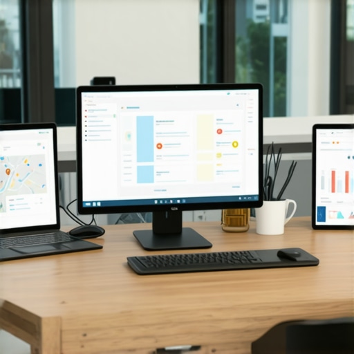 Detroit Local SEO Tools Hub A workspace showing SEO analytics on screens highlighting Detroit's local search rankings.