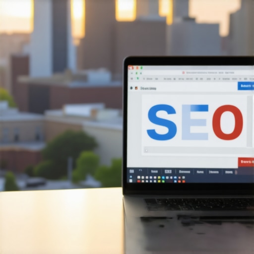 Detroit Local SEO Tools in Action Laptop displaying SEO analytics with Detroit skyline background