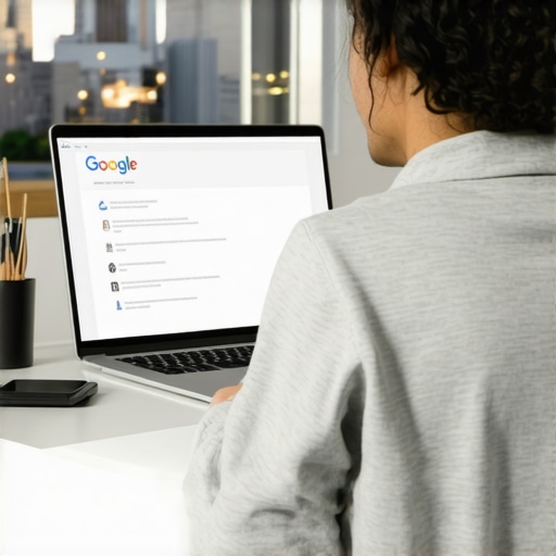 Small business owner working on Google My Business profile with Detroit skyline in background