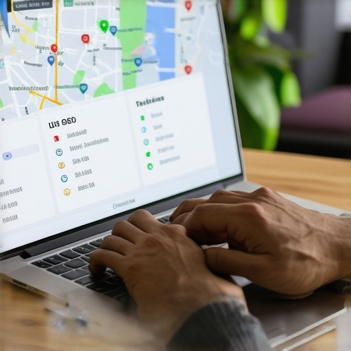 Person analyzing local SEO data on laptop with Detroit maps and reviews