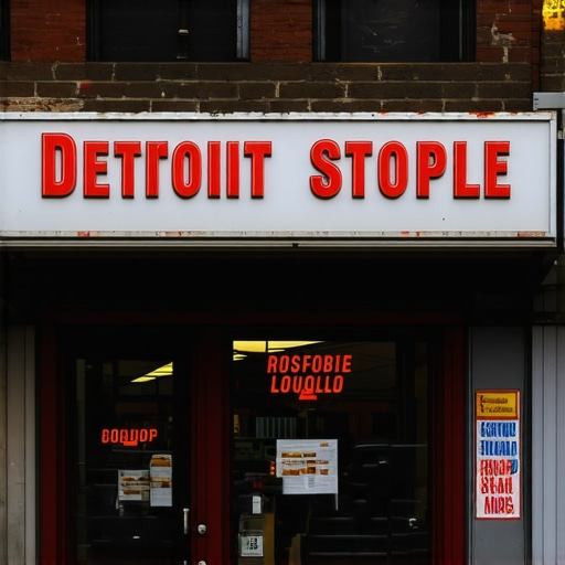 Brightly lit storefront in Detroit surrounded by busy street with local landmarks