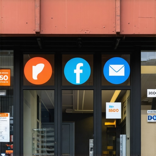 A vibrant Detroit storefront with graphical icons representing SEO, maps, and reviews.