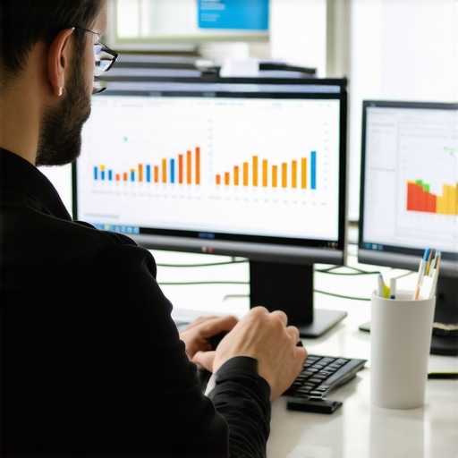 Person analyzing SEO data on multiple monitors with graphs and maps