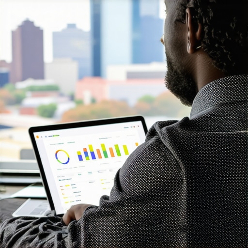 Business owner analyzing Detroit SEO performance on a laptop with city skyline