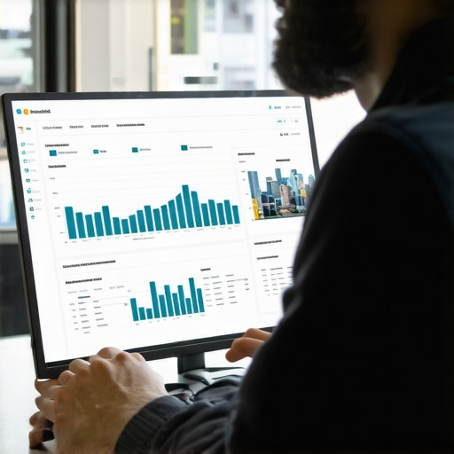 A marketing professional analyzing SEO data on a computer with Detroit skyline visible