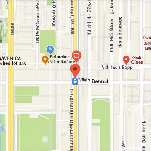 Cityscape of Detroit with local business signage and Google Maps overlay