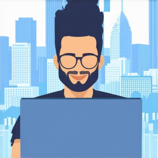 Business owner editing Google profile with Detroit skyline in background.