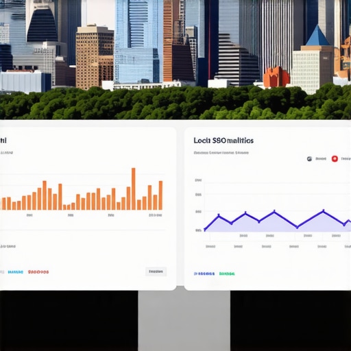 A computer screen showing local SEO performance metrics over Detroit landmarks.