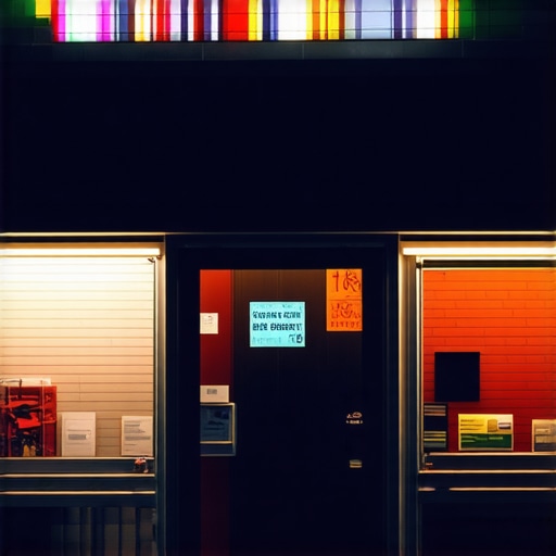 Business storefront lit brightly at night in Detroit, MI.