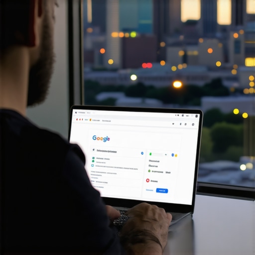Digital marketer updating Google Business profile against Detroit skyline.