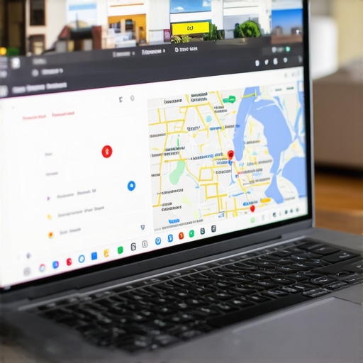 Laptop screen showing Google Business profile optimization process with Michigan map in background