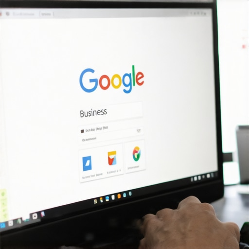 Person verifying Google Business Profile on laptop with Detroit skyline in background.