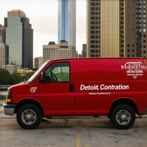 A branded service vehicle in Detroit showing geographic proximity to the city center for SEO relevance.