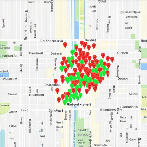 A grid tracking tool showing Google Maps ranking pins across various Detroit neighborhoods like Corktown and Midtown.