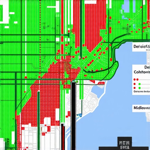 A digital heatmap showing Google Maps ranking visibility across Detroit neighborhoods for a local law firm.