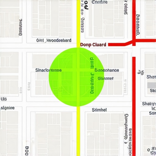Detroit Local SEO Proximity Filter Visualization Map showing how local SEO proximity filters affect visibility in Detroit neighborhoods near Woodward Avenue.