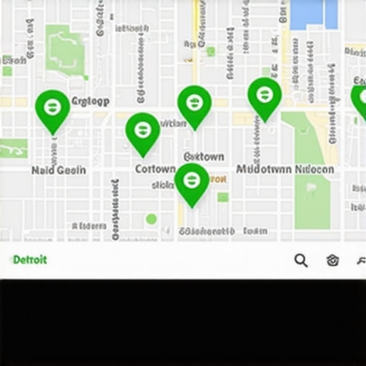 A map of Detroit showing business ranking visibility markers across various neighborhoods.