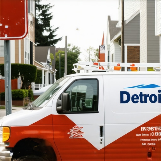 A service truck showing local Detroit business presence in a Michigan neighborhood.