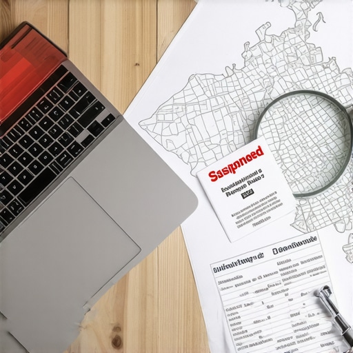 A desk with a laptop showing a Google Business Profile suspension warning and Michigan business documents.